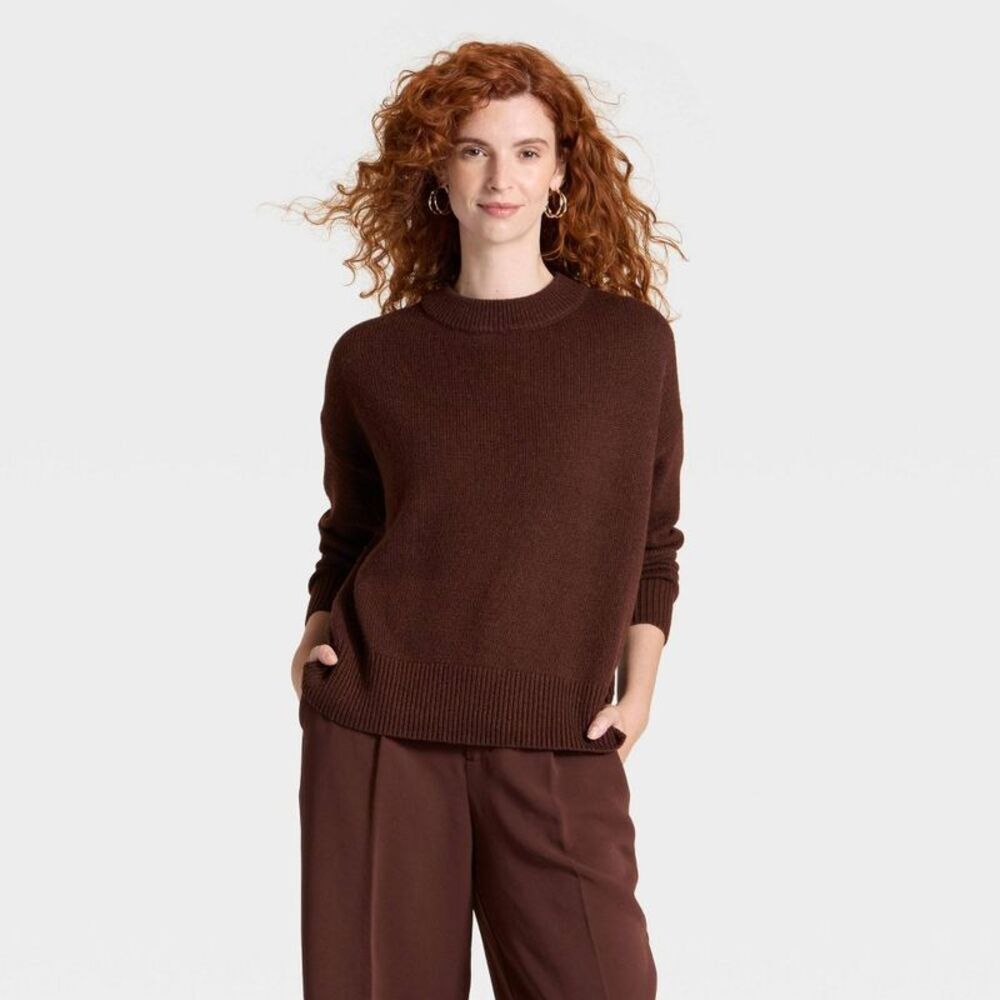 Women's Woolen Crew Pullover Sweater - A New Day Brown S